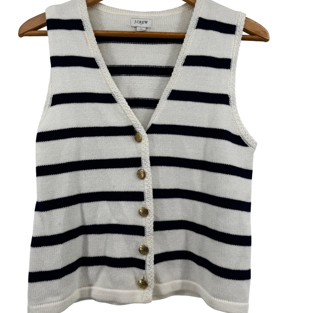 J.Crew Womens Striped Button Front Sweater Vest Gold Crest Buttons White Blue S